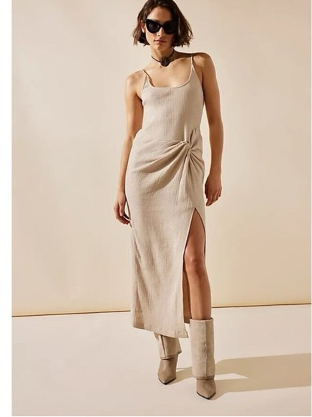 Free People Beige Knotted Maxi Slip Dress